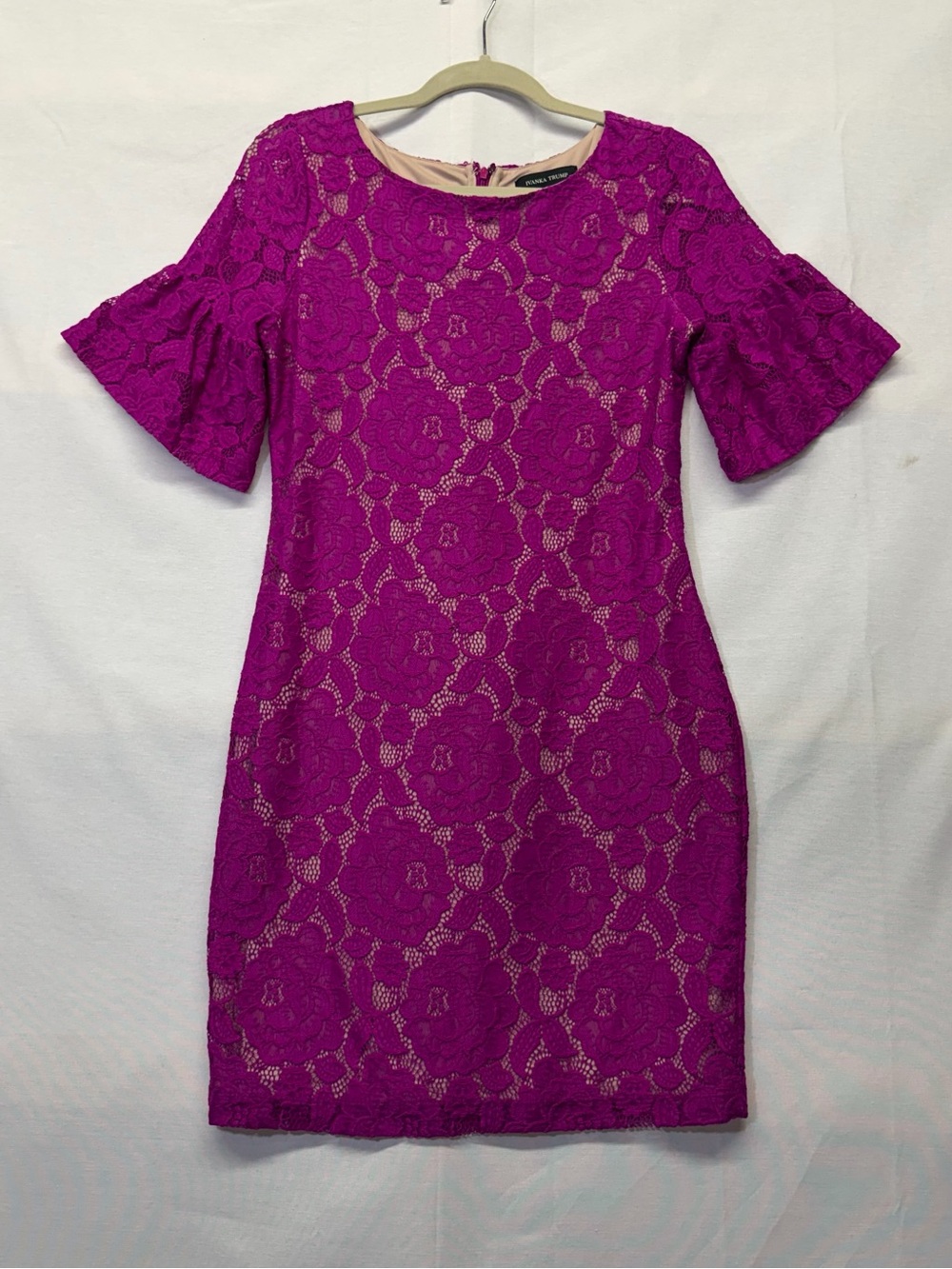 Ivanka Trump Ruffled Bell Sleeve Lace Dress in vibrant fuchsia size 6